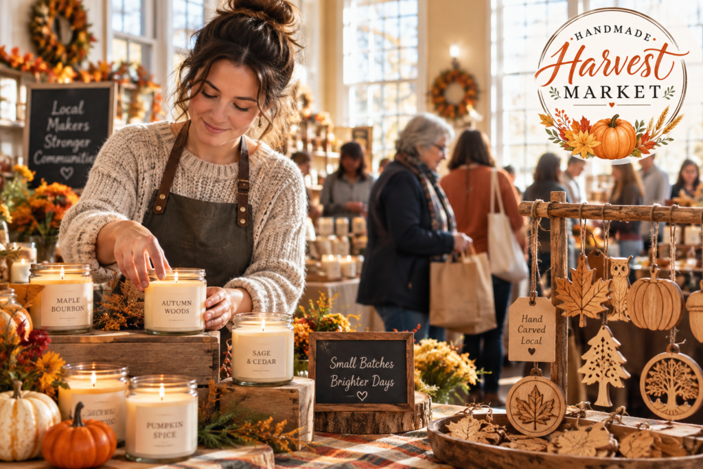 AI-created editorial scene for Handmade Harvest Market, with its published show or organizer mark.