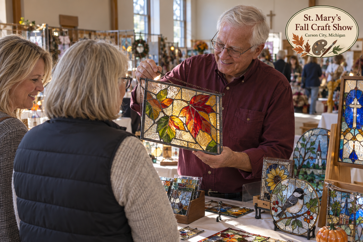 AI-created editorial scene for St. Mary’s Fall Craft Show, with an original show-name badge.