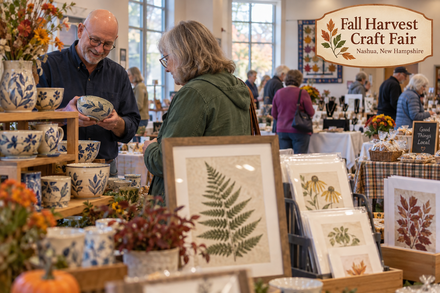 AI-created editorial scene for Fall Harvest Craft Fair, with an original show-name badge.