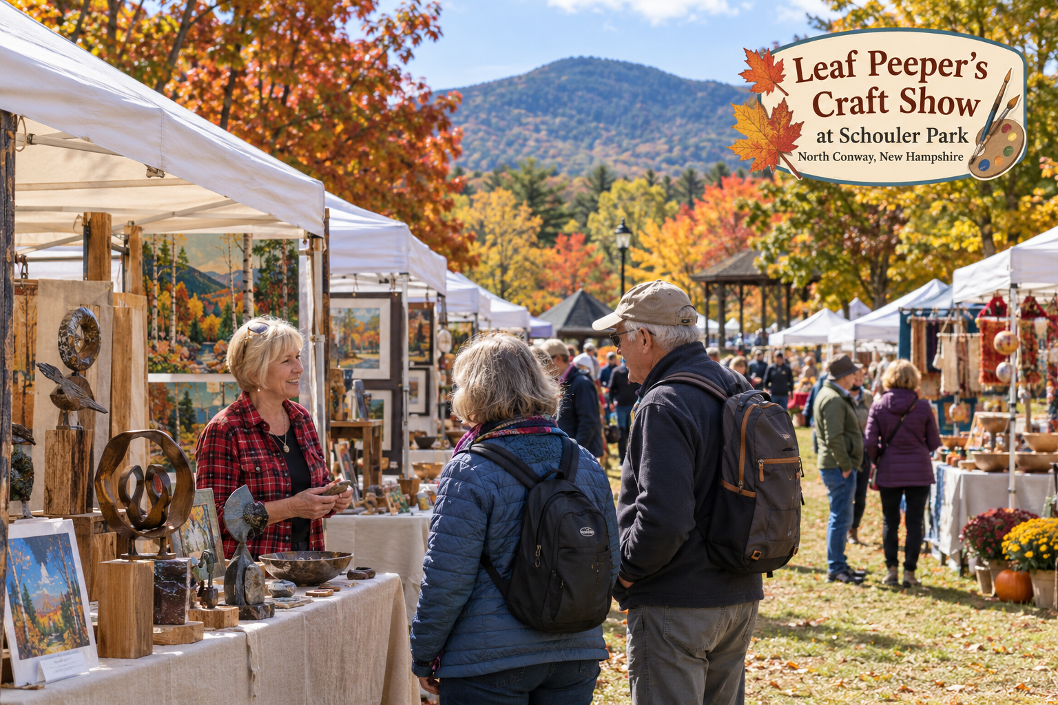AI-created editorial scene for Leaf Peeper's Craft Show at Schouler Park, with an original show-name badge.