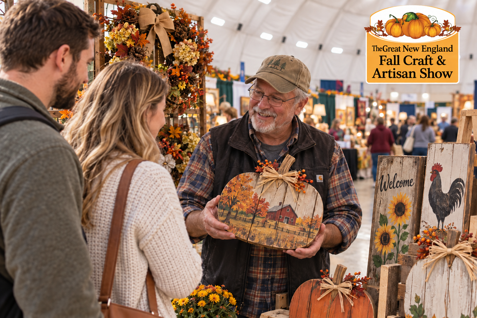 AI-created editorial scene for The Great New England Fall Craft & Artisan Show, with its published show or organizer mark.