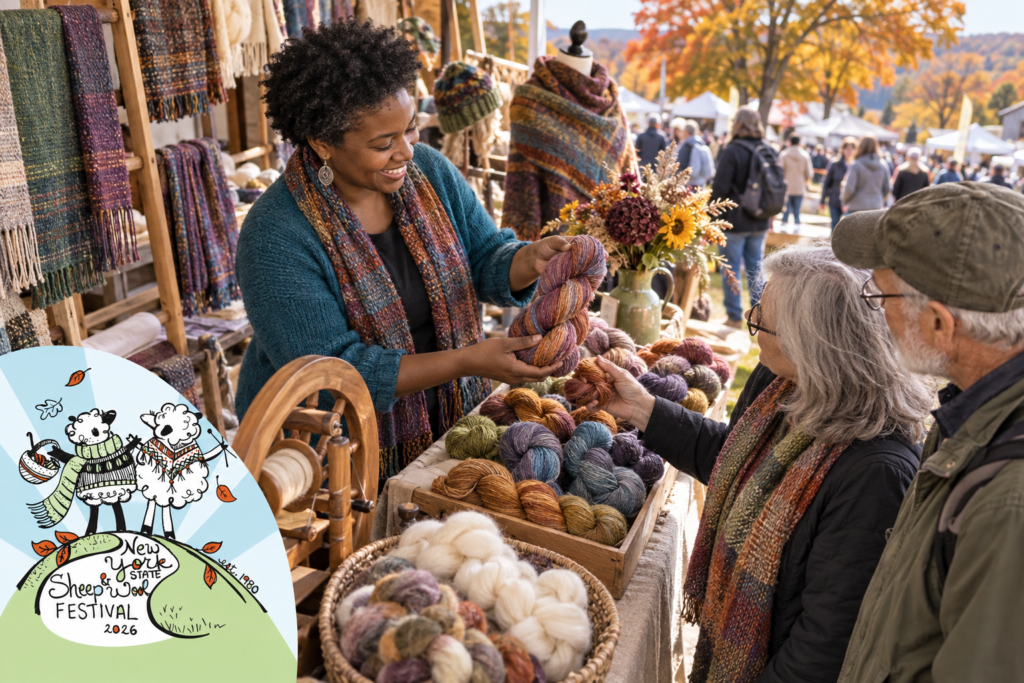 AI-created editorial scene for New York State Sheep & Wool Festival, with its published show or organizer mark.