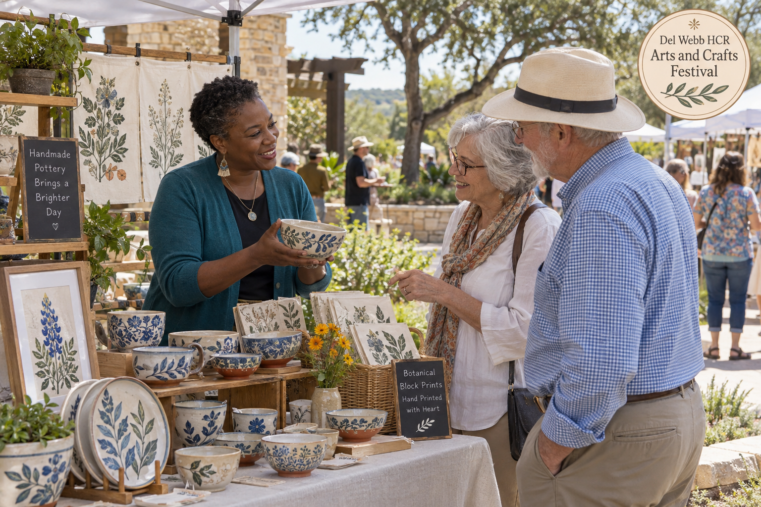 AI-created editorial scene for Del Webb HCR Arts and Crafts Festival, with an original show-name badge.