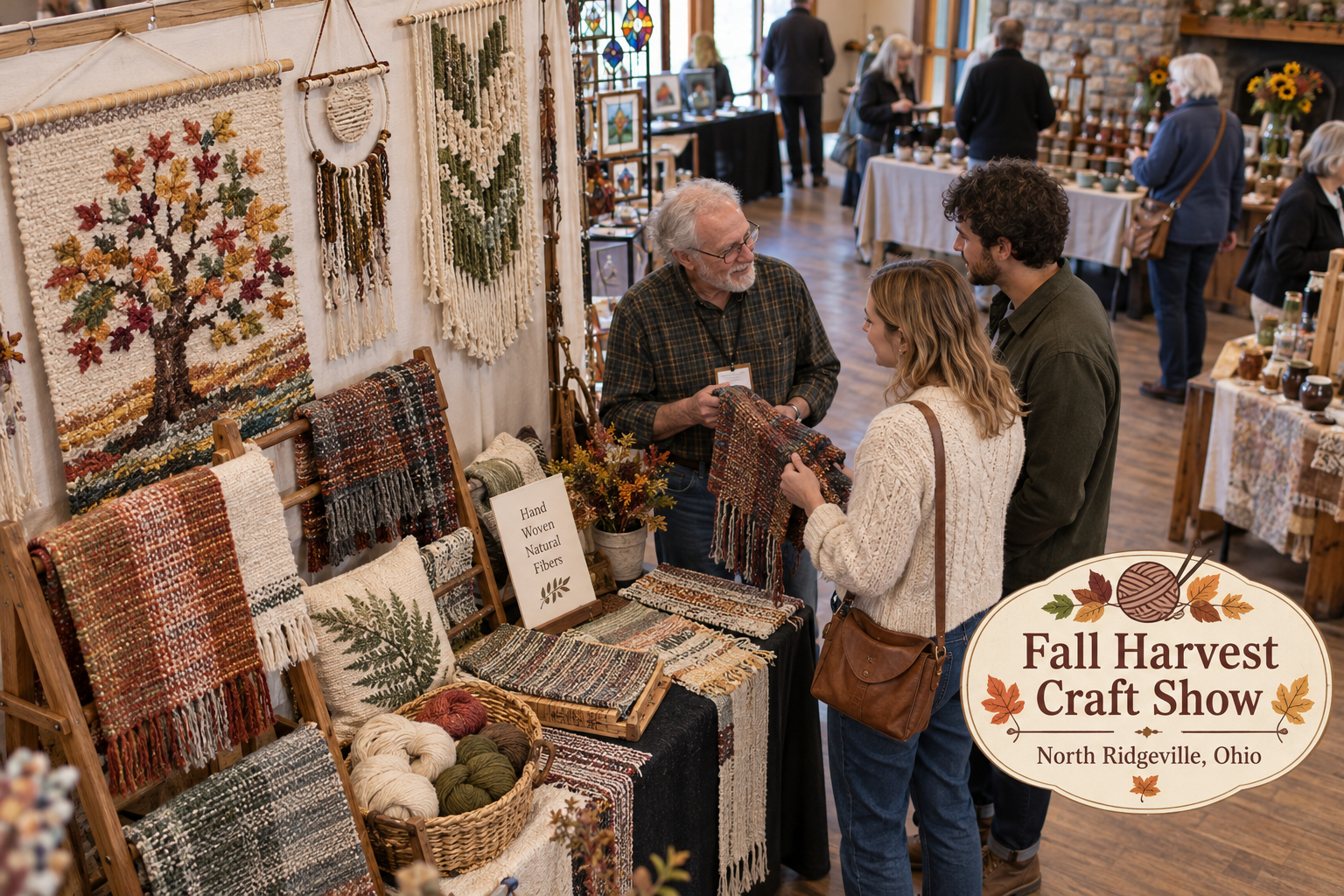 AI-created editorial scene for Fall Harvest Craft Show, with an original show-name badge.