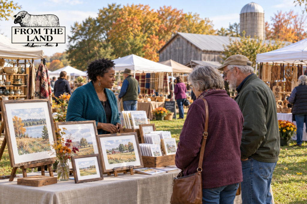 AI-created editorial scene for From the Land Folk Art Festival, with its published show or organizer mark.