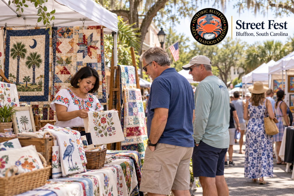 AI-created editorial scene for Historic Bluffton Arts & Seafood Festival Street Fest, with its published show or organizer mark.