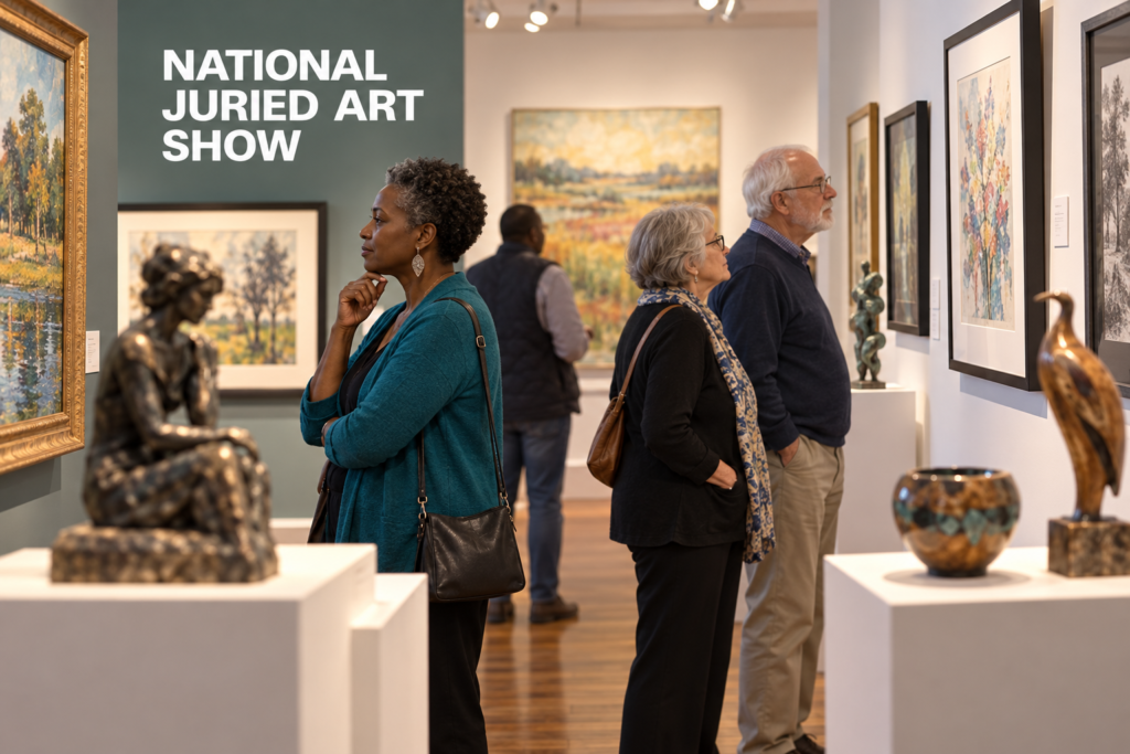 AI-created editorial scene for National Juried Art Show, with its published show or organizer mark.