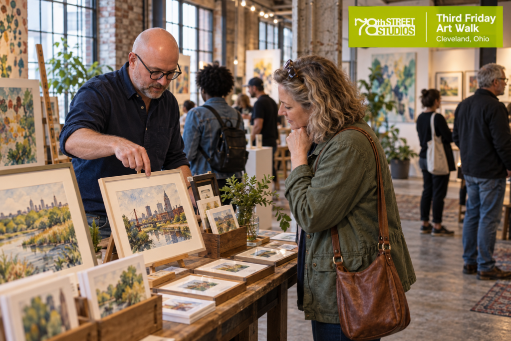 AI-created editorial scene for 78th Street Studios Third Friday Art Walk, with its published show or organizer mark.