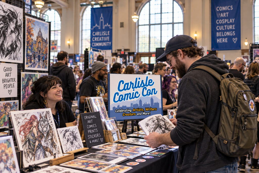 AI-created editorial scene for Carlisle Comic & Art Festival, with show-name branding.
