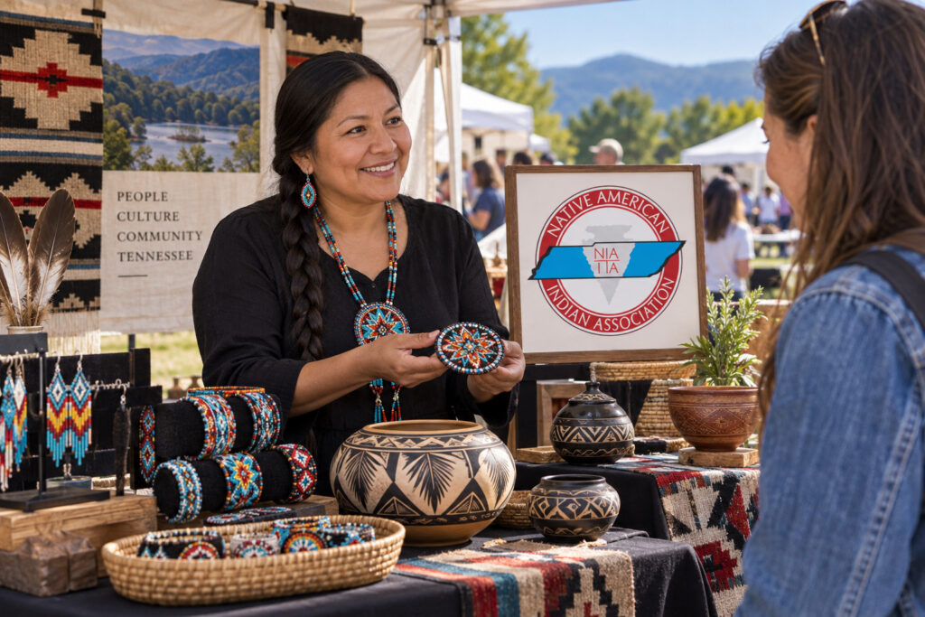 AI-created editorial scene for Indian Education Pow Wow & Arts Exhibition, with show-name branding.