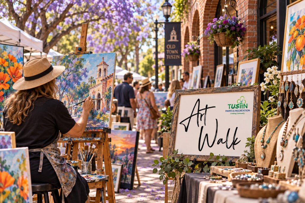 AI-created editorial scene for Tustin Art Walk & Artisan Market, with show-name branding.