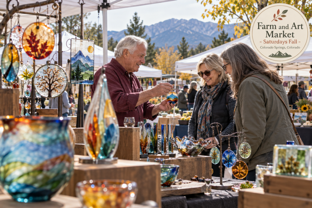 AI-created editorial scene for Farm and Art Market - Saturdays Fall, with an original show-name badge.