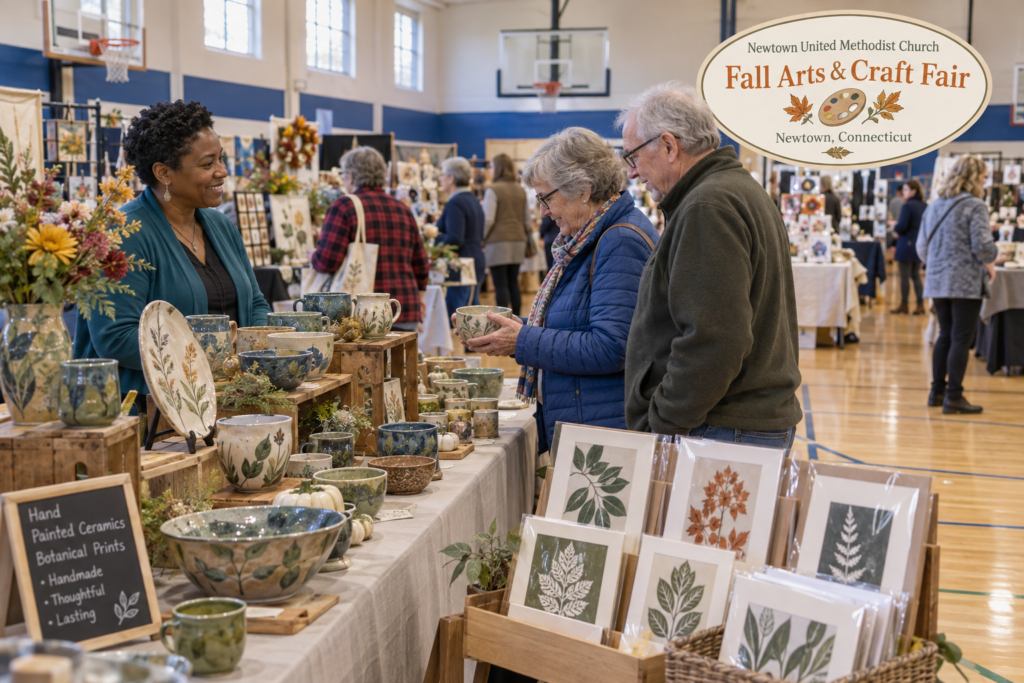AI-created editorial scene for Newtown United Methodist Church Fall Arts & Craft Fair, with an original show-name badge.