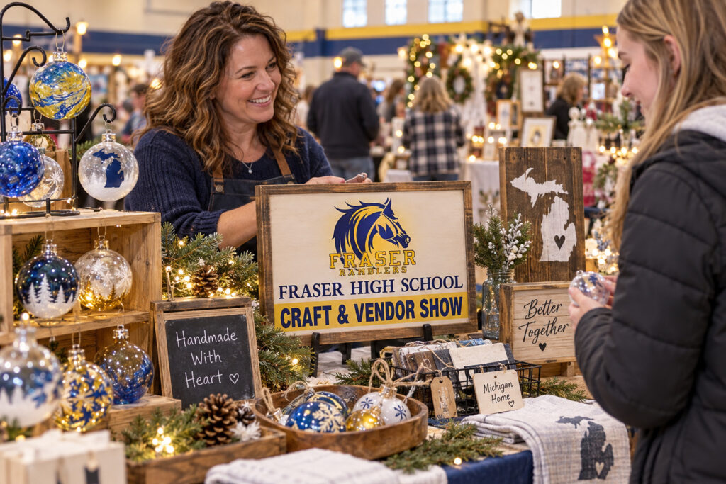 AI-created editorial scene for Fraser High School Fall Craft & Vendor Show, with show-name branding.