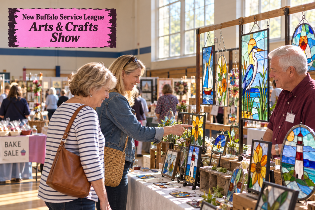 AI-created editorial scene for New Buffalo Service League Arts & Crafts Show, with its published show or organizer mark.