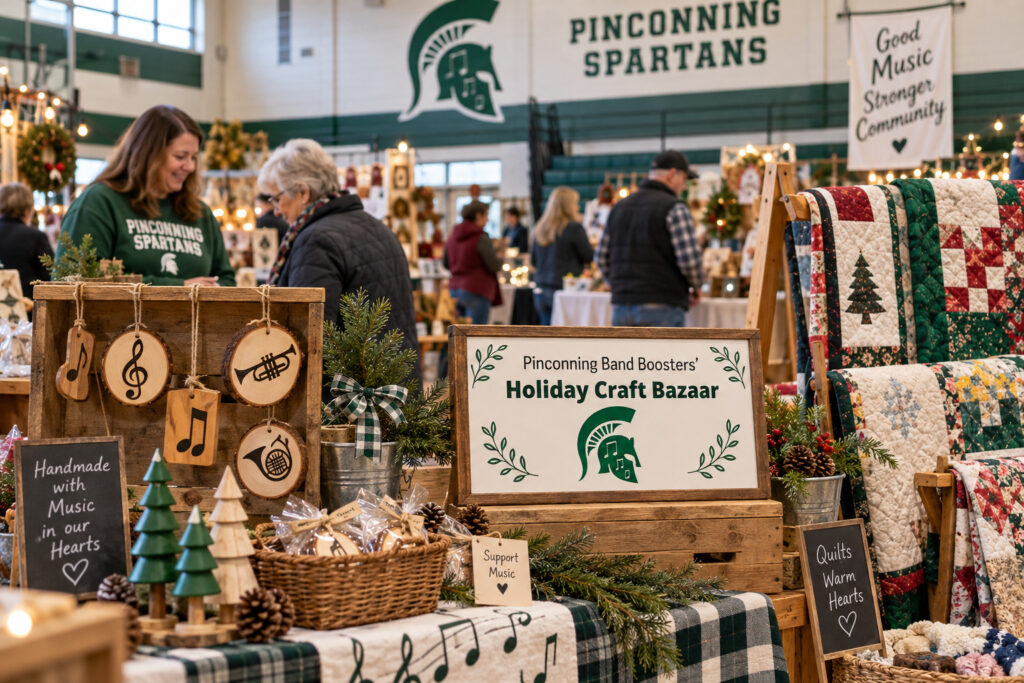 AI-created editorial scene for Pinconning Band Boosters Holiday Craft Bazaar, with show-name branding.