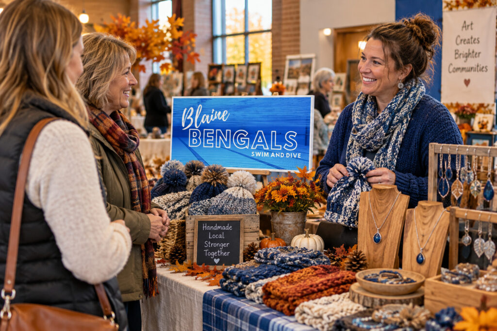 AI-created editorial scene for Blaine Swim & Dive Fall Arts, Crafts and Vendor Show, with show-name branding.