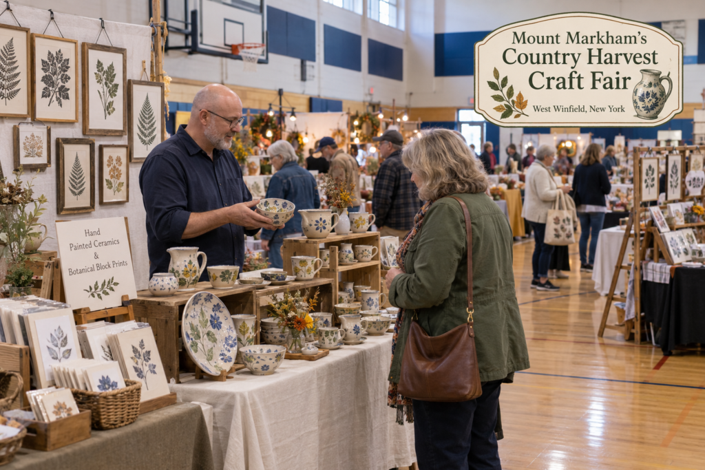 AI-created editorial scene for Mount Markham's Country Harvest Craft Fair, with an original show-name badge.
