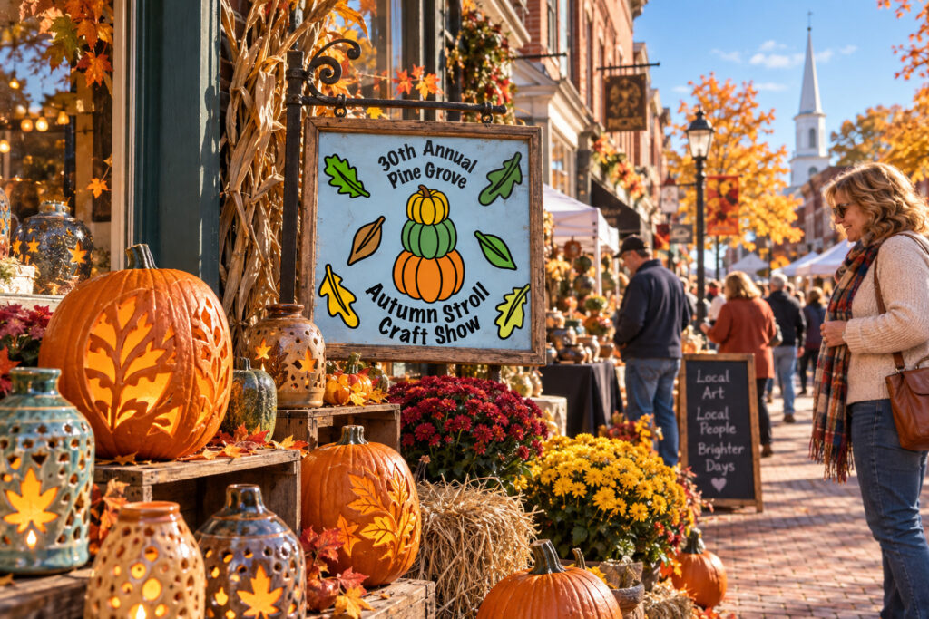 AI-created editorial scene for Autumn Stroll Craft Show, with show-name branding.