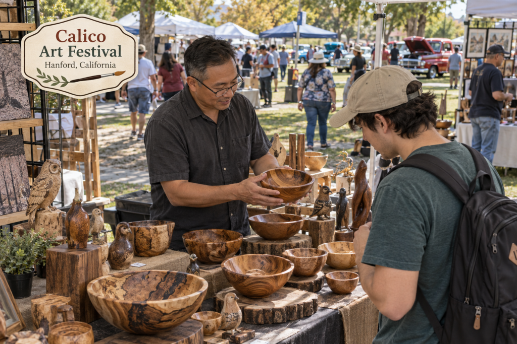 AI-created editorial scene for Calico Art Festival, with an original show-name badge.