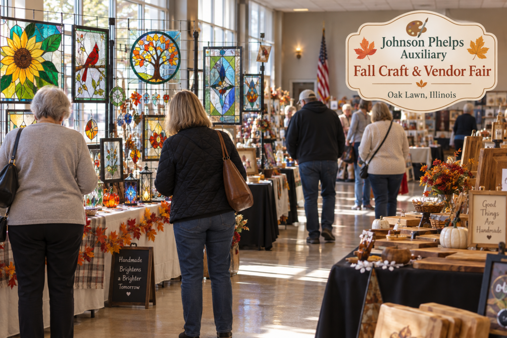 AI-created editorial scene for Johnson Phelps Auxiliary Fall Craft & Vendor Fair, with an original show-name badge.