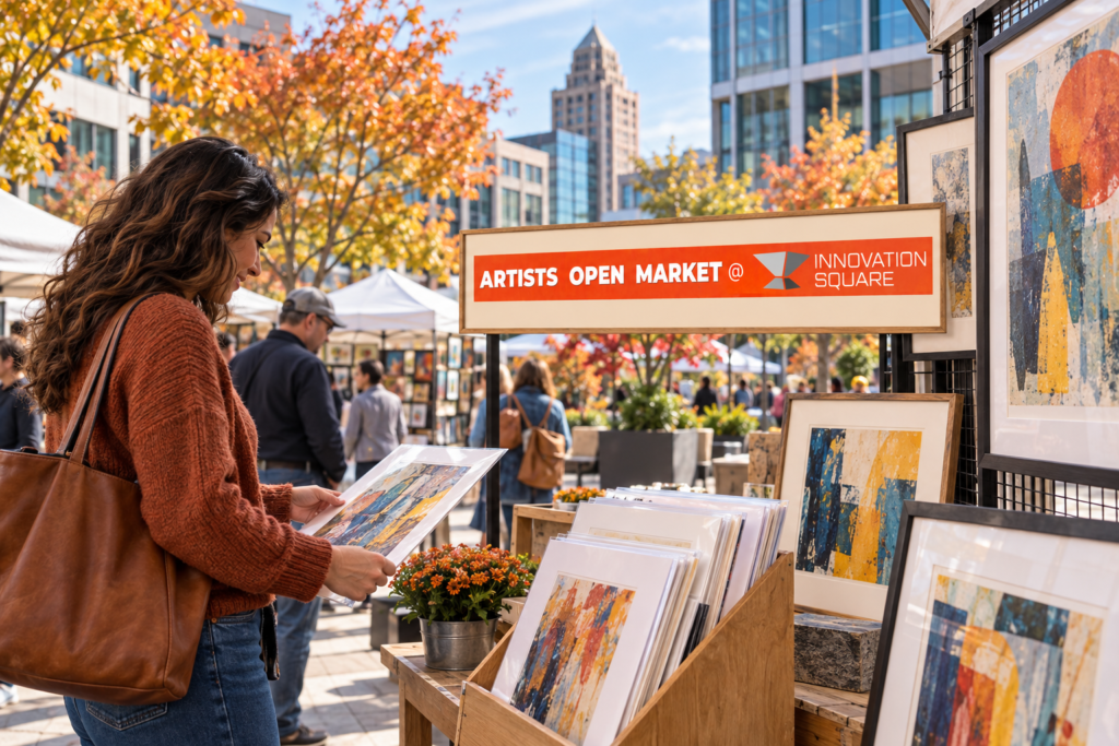 Created editorial scene for ROC Artists Open Market at Innovation Square with its official event or organizer branding.