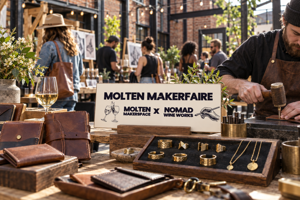 Created maker-market scene with handmade leather and jewelry and the official Molten Makerfaire at NOMAD branding.