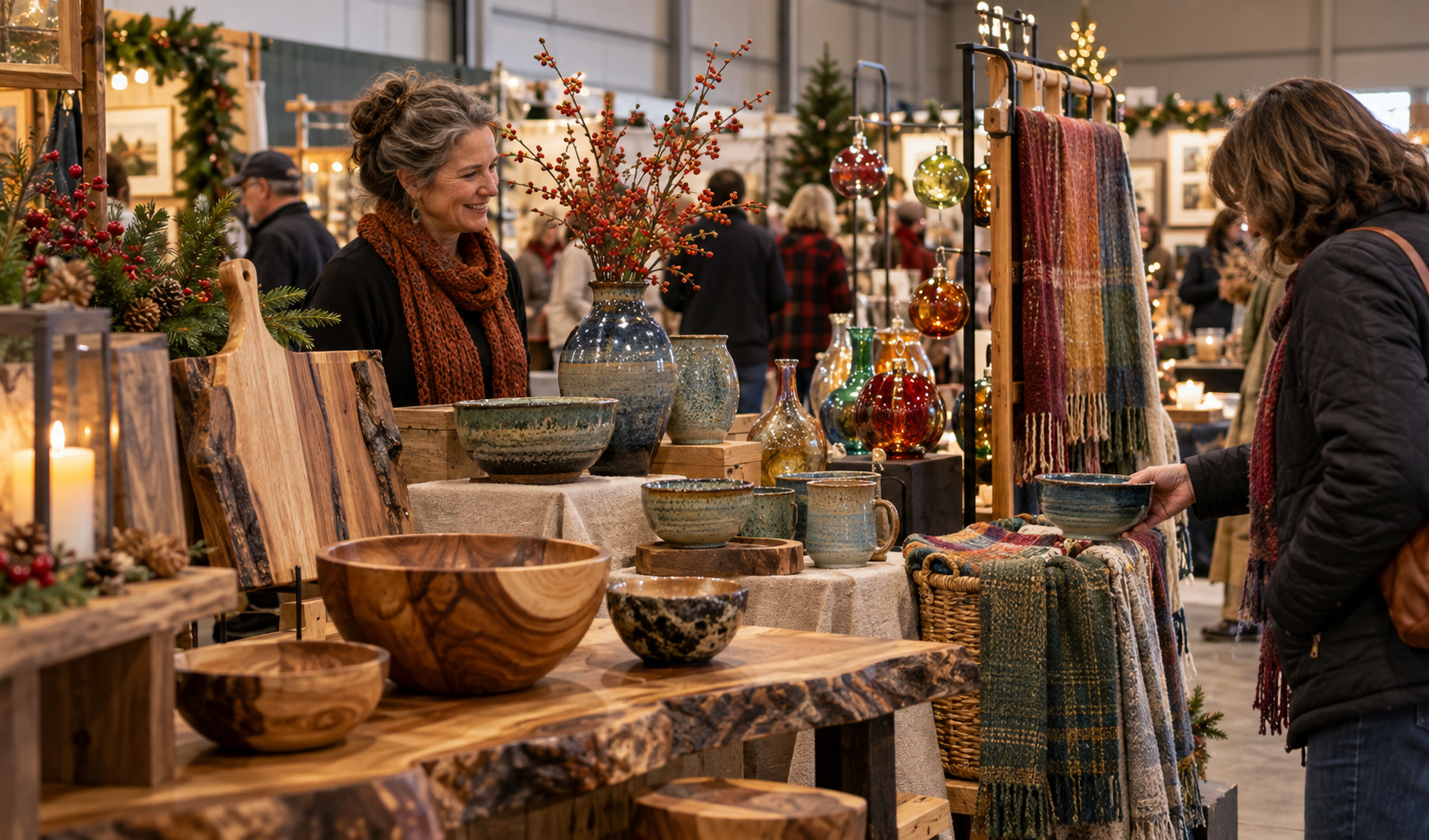 Conceptual juried fine craft festival displaying handmade woodwork, ceramics and glass indoors.