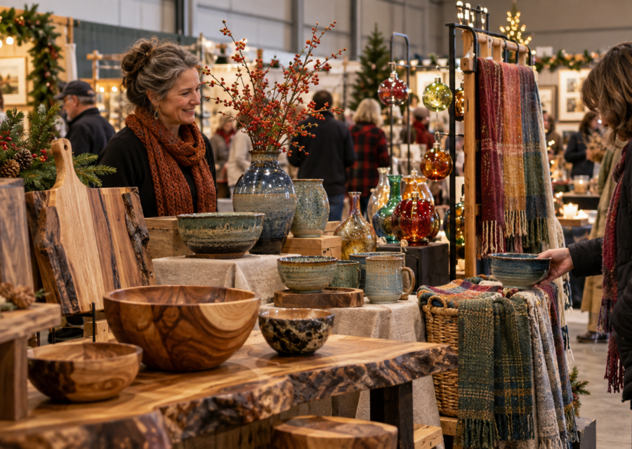 Conceptual juried fine craft festival displaying handmade woodwork, ceramics and glass indoors.