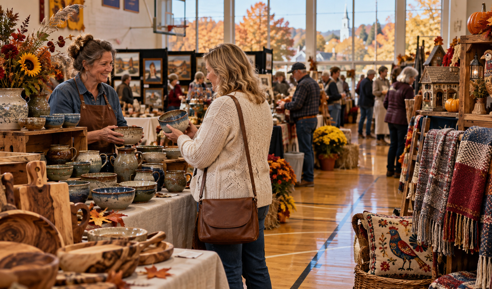 Conceptual Missouri indoor craft fair with handmade pottery, woodwork and textiles.