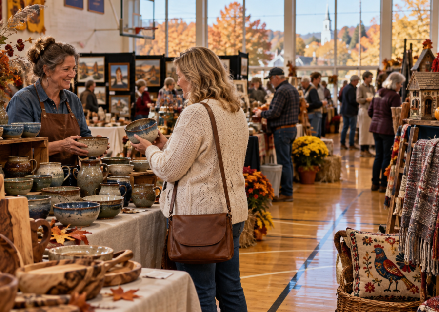 Conceptual Missouri indoor craft fair with handmade pottery, woodwork and textiles.