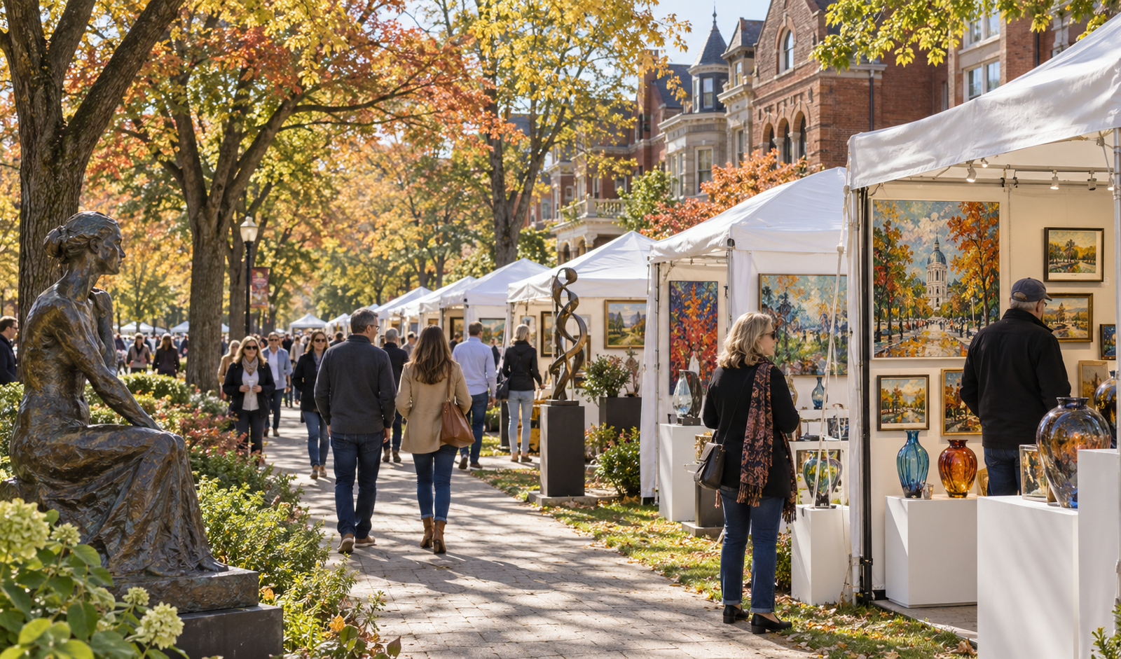 Conceptual St. Louis fine art fair on a tree-lined historic residential parkway in autumn