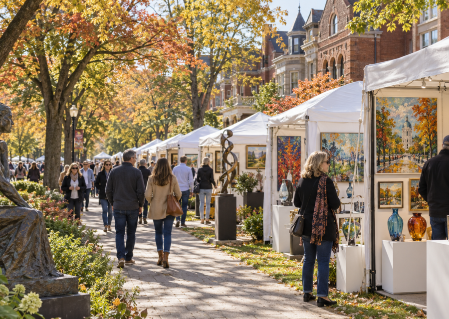 Conceptual St. Louis fine art fair on a tree-lined historic residential parkway in autumn