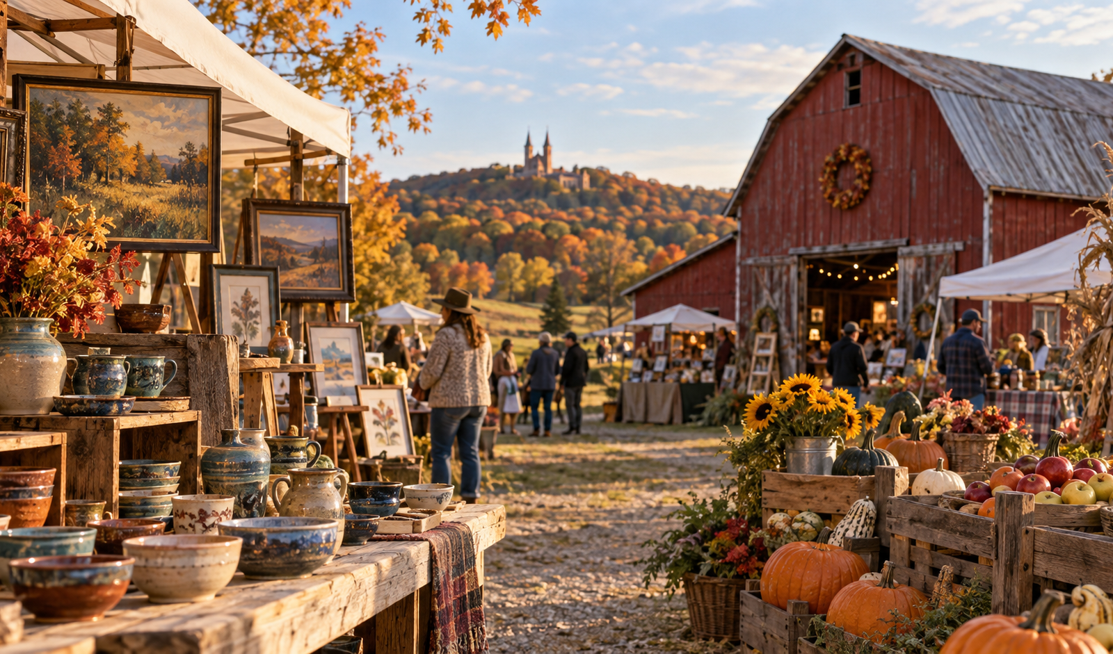 Conceptual Wisconsin art and farm market with artisan pottery and a rustic autumn barn.