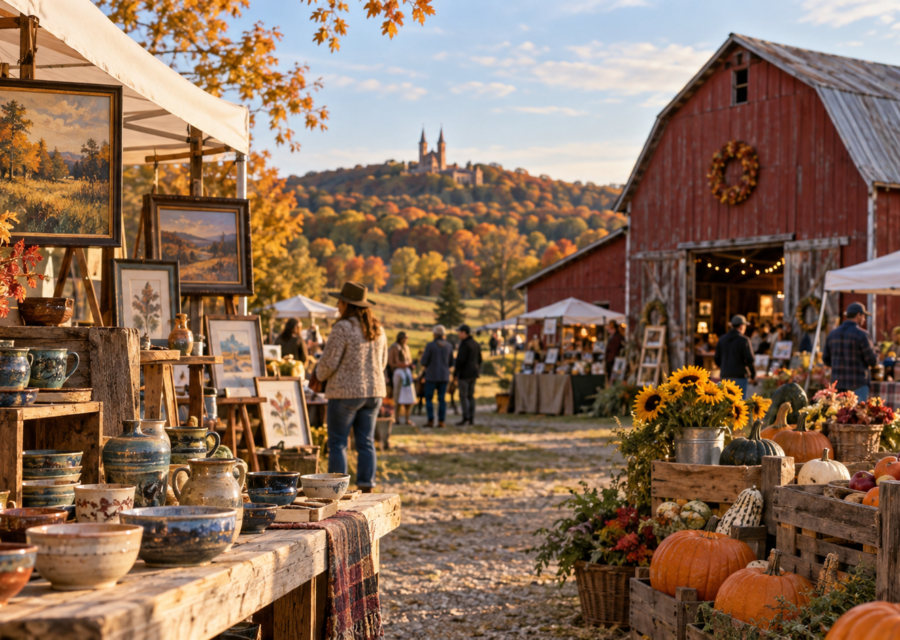 Conceptual Wisconsin art and farm market with artisan pottery and a rustic autumn barn.