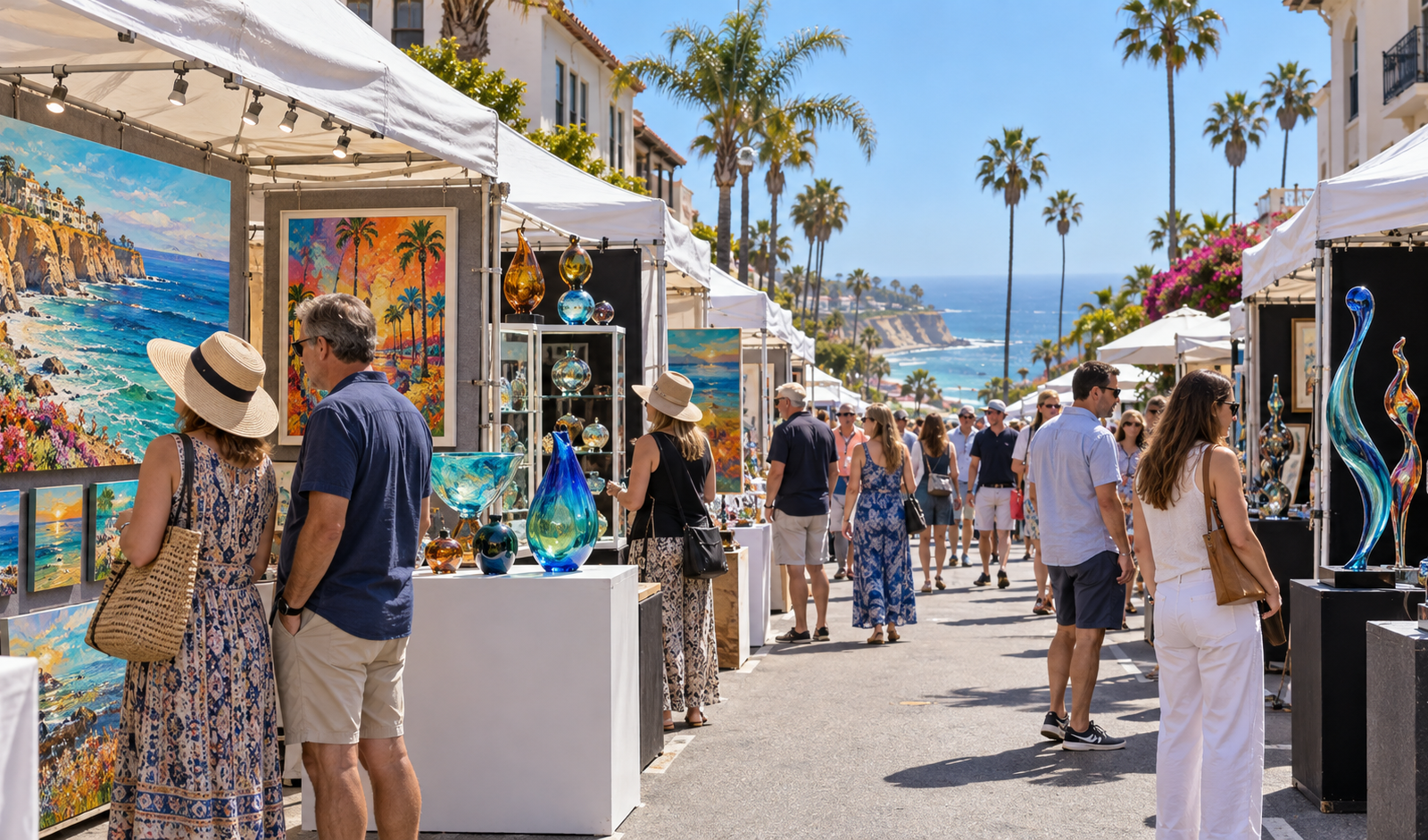 Conceptual view of visitors browsing paintings and fine glass at art booths along a sunny coastal street in La Jolla.