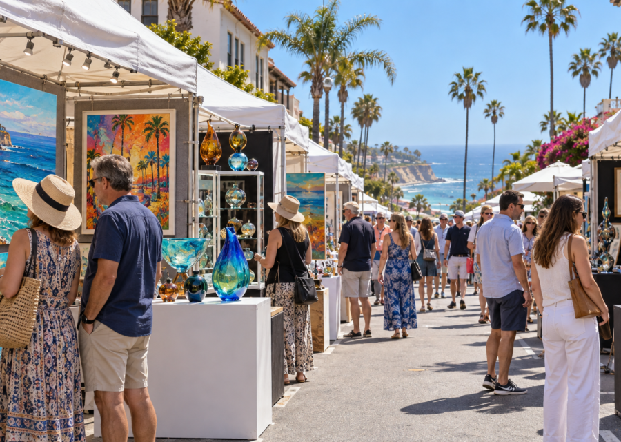 Conceptual view of visitors browsing paintings and fine glass at art booths along a sunny coastal street in La Jolla.