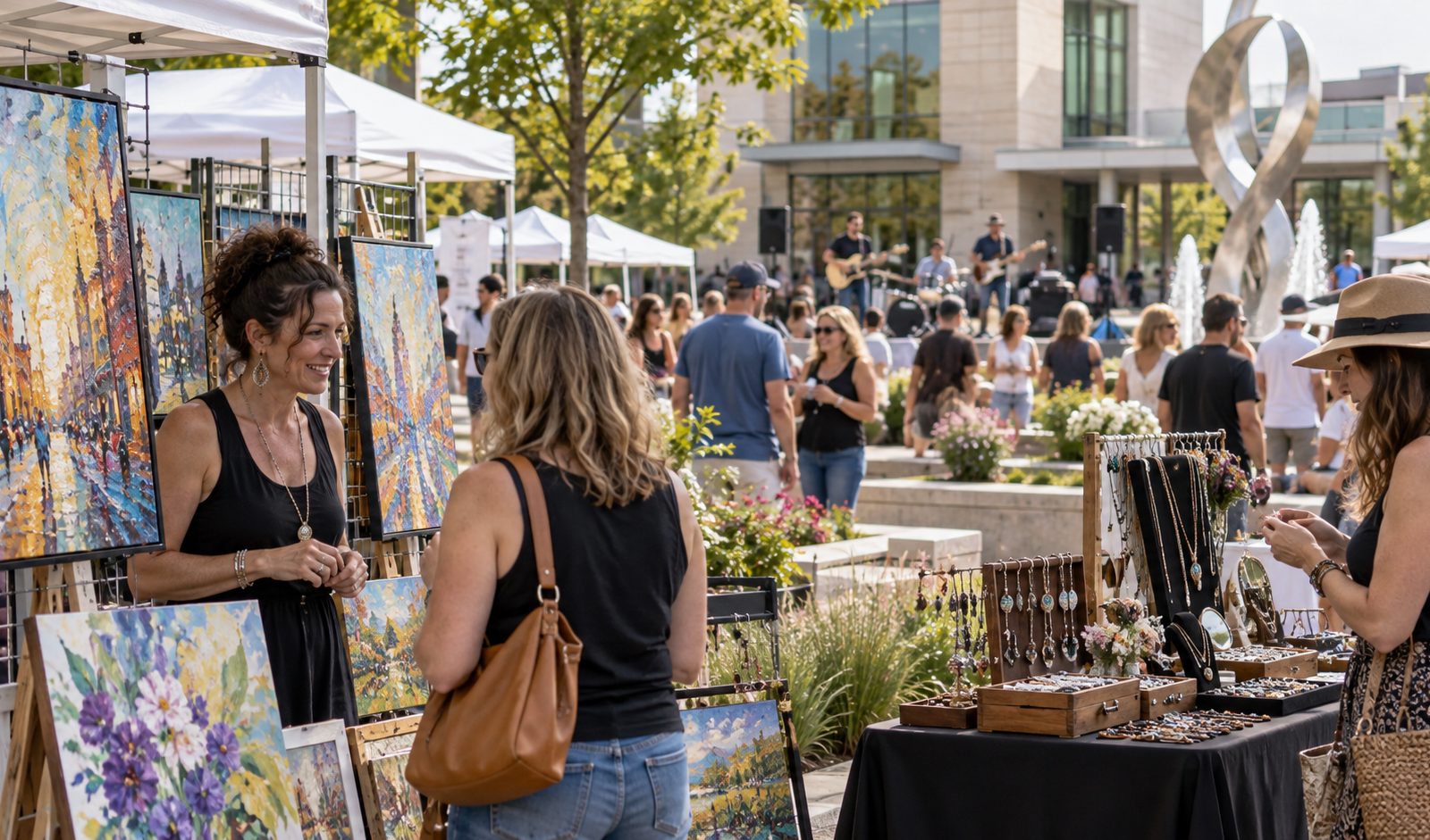Conceptual local art festival with paintings and handmade jewelry in a suburban civic plaza.