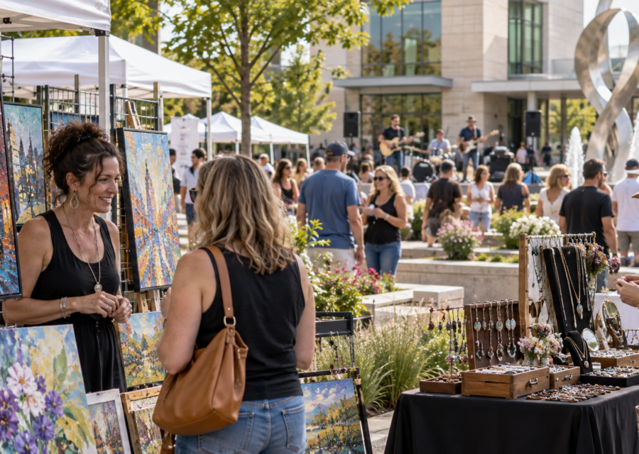 Conceptual local art festival with paintings and handmade jewelry in a suburban civic plaza.