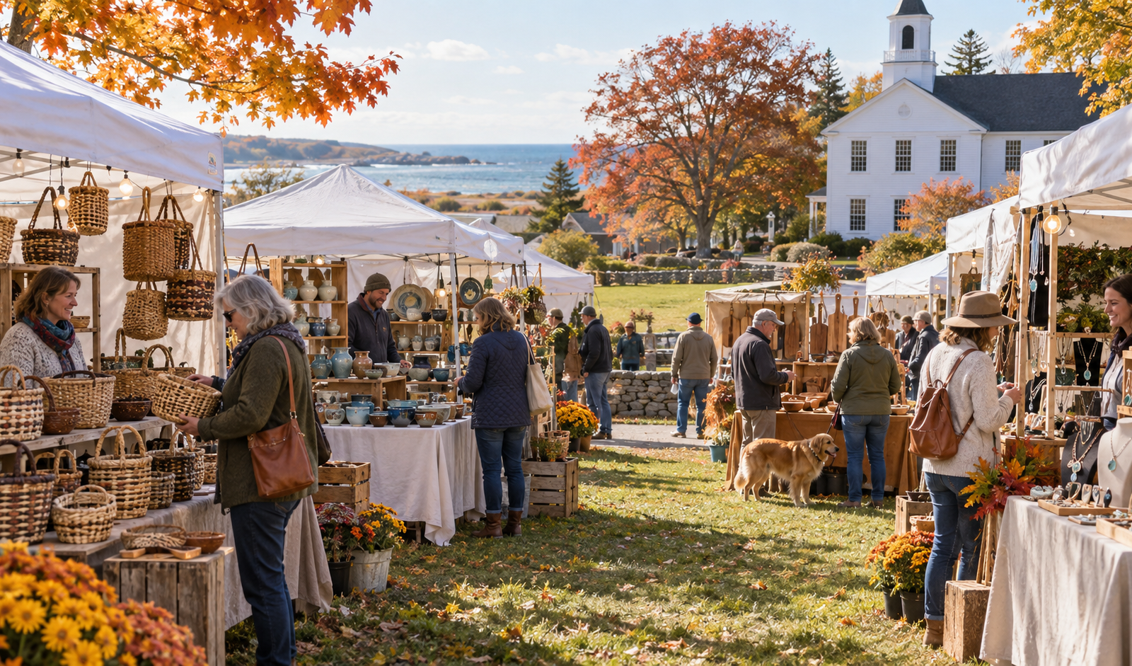 Conceptual Maine juried craft show with woven baskets, pottery and woodwork on school grounds