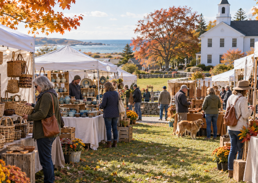 Conceptual Maine juried craft show with woven baskets, pottery and woodwork on school grounds