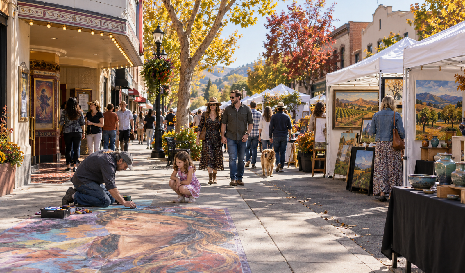 Conceptual downtown Livermore ArtWalk with fine art booths and chalk drawing by a theater