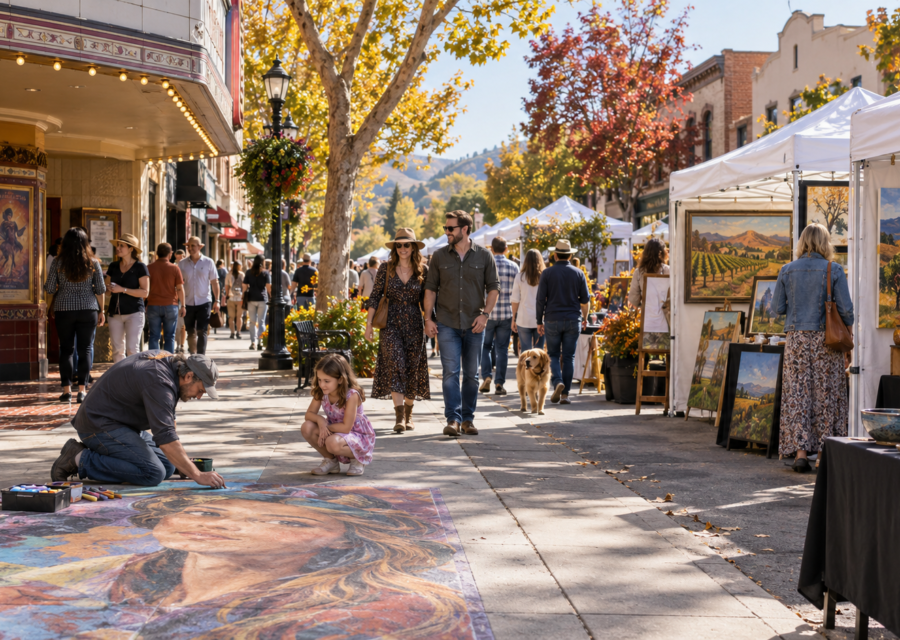 Conceptual downtown Livermore ArtWalk with fine art booths and chalk drawing by a theater