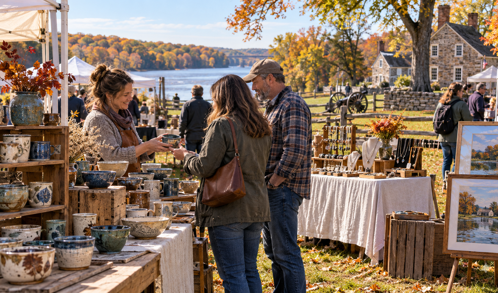 Conceptual open-air artisan market with handmade art and autumn foliage in Pennsylvania.