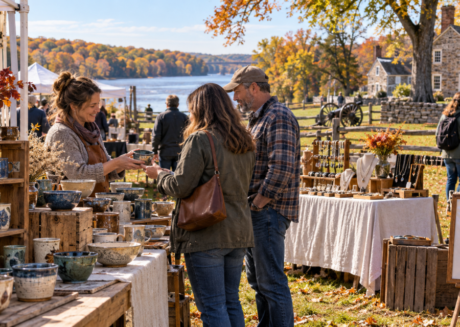 Conceptual open-air artisan market with handmade art and autumn foliage in Pennsylvania.