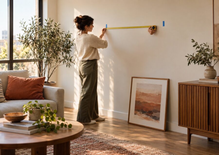 Concept illustration of a person measuring a living-room wall with a tape measure before hanging framed artwork.