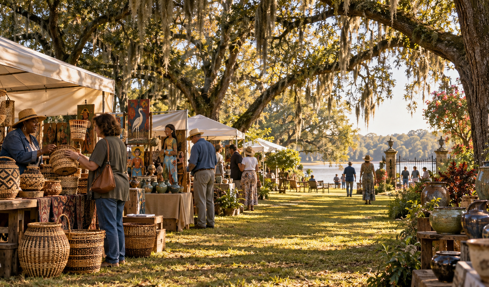 Conceptual Louisiana autumn arts and crafts festival with handmade baskets and pottery beneath oak trees.