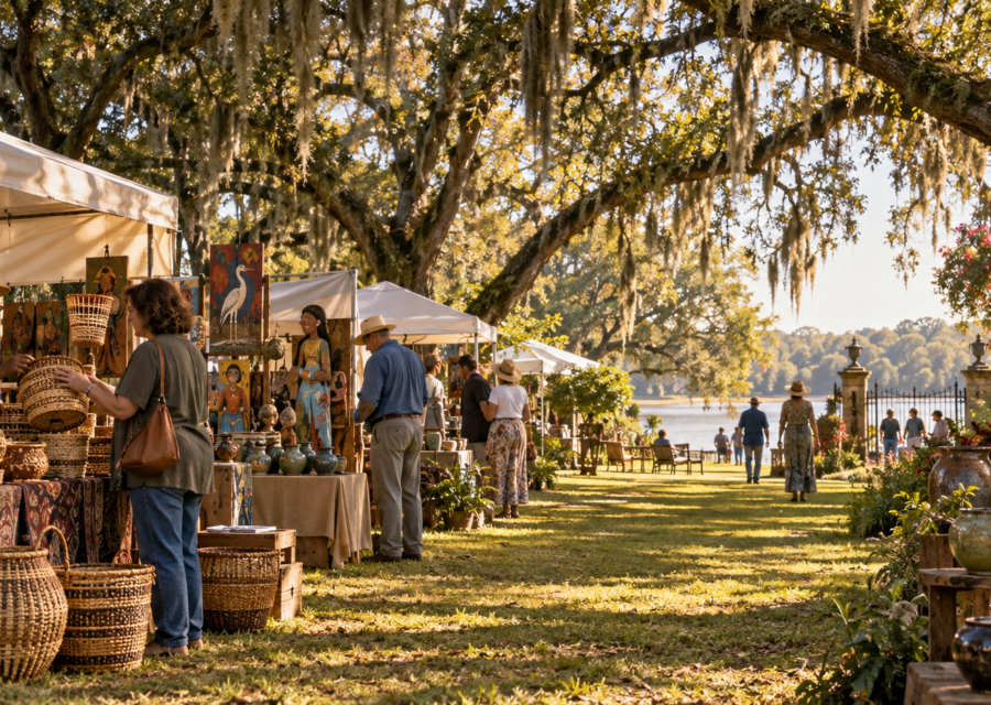 Conceptual Louisiana autumn arts and crafts festival with handmade baskets and pottery beneath oak trees.