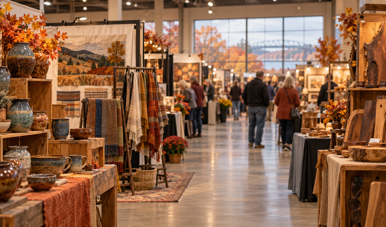 Conceptual indoor autumn arts and crafts show with pottery and woven goods at an Iowa exhibition hall.