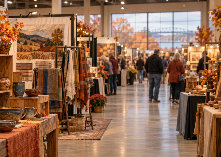 Conceptual indoor autumn arts and crafts show with pottery and woven goods at an Iowa exhibition hall.